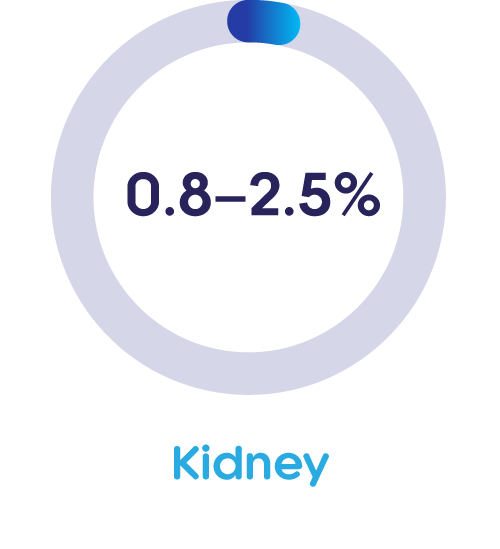 0.8-2.5% - Kidney